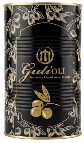 Aceitunas Gordal Picantes GutiOLI Cachonditas Sin Hueso Lata 2 kg Escurrido | Calibre 60/70, Primera Categoría, aliñadas con guindilla y Aceite de Oliva Virgen, aperitivo gourmet, tapas, hostelería