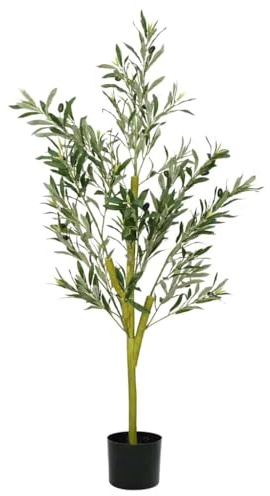 Kaloriko Árbol de olivo artificial de 120 cm con 450 hojas y 16 frutas de olivo, planta artificial realista en maceta de plástico de polietileno para salón, oficina, balcón, jardín, decoración fácil
