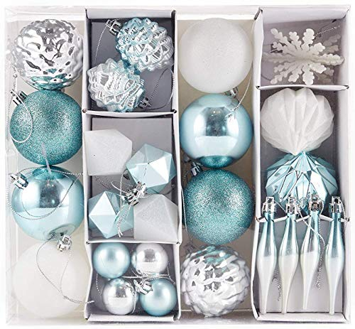 HEITMANN DECO Uppsättning av 29 julgranskulor – juldekorationer turkos silver vit att hänga upp – plast julgransprydnad turkos vit silver