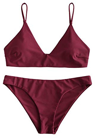 ZAFUL Gepolsterte Bikini Set, Push Up Badeanzug mit tropischem Blattmuster Hoher Bund Spaghettiträger Bademode Sommer (Einfarbig - Weinrot, M)