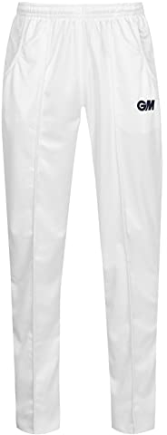 Gunn & Moore GM, Cricket Trousers, Athletic Fit Elasticated Waist 2 Pockets, Quick Drying & Enhanced Moisture Management, Off White with GM Logo, Small - Waist 30-32 Unfinished Hem