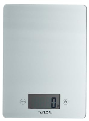 Taylor Pro Digital Glass Kitchen Food Scales, Ultra Thin Compact Design, Professional Standard with Tare Feature, Silver Finish Weighs 5 kg Capacity