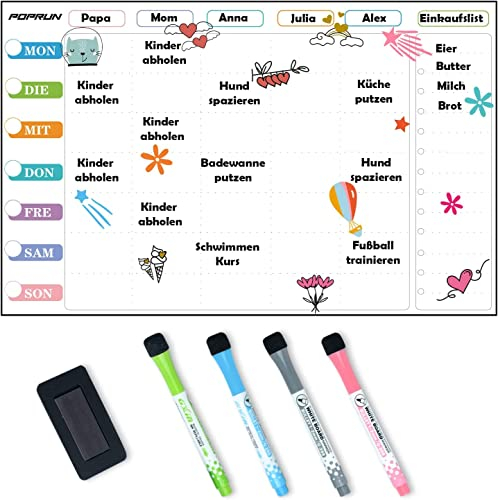 POPRUN Magnetisch Familienplaner Wochenplaner Magnettafel Kühlschrank abwischbar,Whiteboard Kalender,Terminplaner wiederverwendbar- 43 x 28 cm auf Deutsch