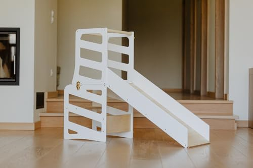 Weco Kinder-Lernturm 3 in 1 Streifendesign mit Rutsche Schreibtisch Rutsche Montessori Möbel Küchenhelfer klappbar