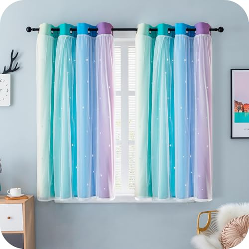 GIRASOLE HOME® Coppia Tende Doppio Velo Oscuranti Morbide Fantasia Stelle Vuote Tenda Isolante per Camera e Cameretta Bambini 2 Pannelli con Occhielli (140x145cm, Arcobaleno Freddo)