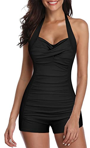 Durio Damen Einteiliger Badeanzug Bauchweg Große Größe Badeanzug Damen mit Bein Bademode Neckholder Push up Swimsuit Strandmode Schwarz 46-48 (Tag Size 3XL)