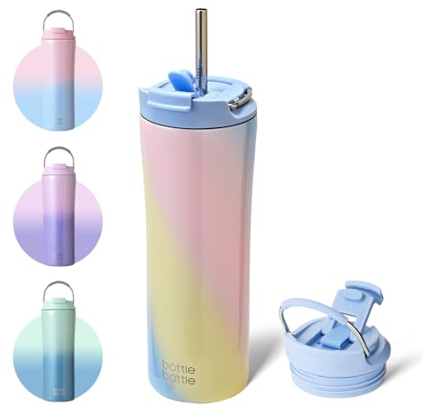 bottlebottle Bottle Bottle Insulated Travel Mug with Straw and Dual-use Lid Stainless Steel Coffee Cup 500ml(18oz) Thermal Iced Coffee Flask Tumbler with Handle(Purple Pink Yellow