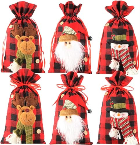 LATERN 6 Stück Weihnachtsbeutel mit Kordelzug, Groß 3D Stoff Weihnachtsmann Schneemann Rentier Sackleinen Büffelkaro Weihnachts Geschenkver Packungsbeutel Leckerlibeutel Goody Bags für Weihnachtsfeier
