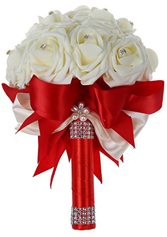 Eduuyvee R Schoene Hochzeits-Blumenstrauss Blumenhochzeitsstrauss kuenstliche weisser Brautstraeusse mit roter & weisser Band