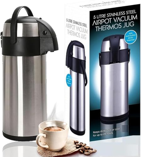 VIVAAS 3L and 5L Pump Action Airpot Coffee Flask Double-Walled Vacuum Insulated Jug Coffee Carafe Carry Handle for Drink Hot and Cold Drink Flask Beverage Dispenser for Coffee Tea (5Litre)