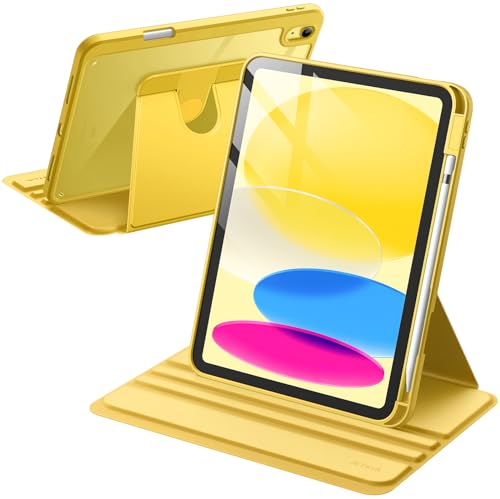 JETech Rotating Case for iPad (A16) 11th/10th Generation (2025/2022) with Pencil Holder, 360 Degree Rotation Protective Stand Cover Clear Back, Auto Wake/Sleep (Yellow)