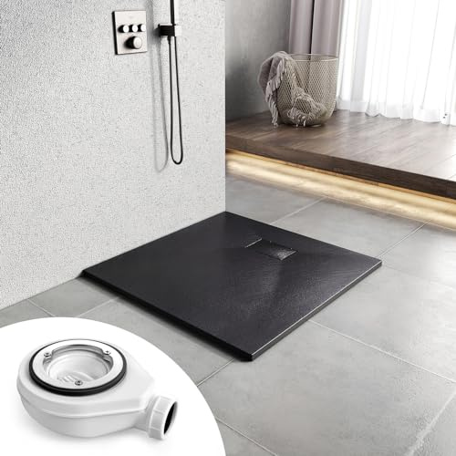 Heilmetz SMC Duschwanne 80 x 80 cm Schwarz, flach inkl. Ablaufgarnitur | Pflegeleichte SMC Duschwanne mit rutschhemmender Steinoptik, 2,6 cm Höhe und 90 mm Ablauföffnung für flexible Montage