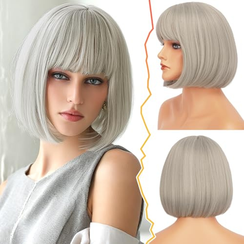BARSDAR Kurze Grau Bob Perücke mit Pony, Kurze Bob Grau Perücke mit Pony für Damen 30cm Kinnlang Natürlich Aussehend Weich Synthetische Haar Replacement Perücken Halloween Party Bobs Graue Perücken