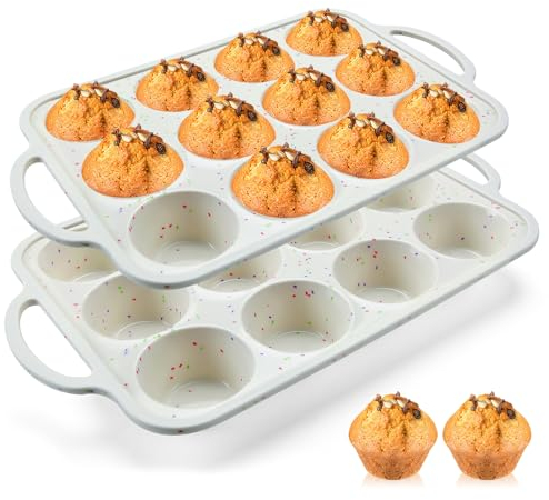 2Pack Silicone Muffin Pan for Baking with Metal Reinforced Frame, 12 Cup Regular Size Cupcake Pan, BPA Free Silicone Muffin Tray, Cupcake Baking Pan Molds for Oven Dishwasher Safe