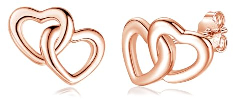 Loutade Silver Heart Earrings for Women, 925 Sterling Silver Heart Stud Earrings, Hypoallergenic Cartilage Sleeper Simple Entwined Heart Earrings CZ Flat Rose Gold Double Open Heart Stud Earrings