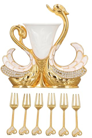 Blanketswarm Decorative Swan Base Holder with 6PCS Dessert Forks Set,Metal Swan Base Holder Dessert Spoon Forks Organizer for Coffee Fruit Dessert Ice Cream Cake(Gold White)