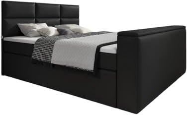 Boxspringbett Carre 180x200 Doppelbett Polsterbett Bett mit TV Lift, USB-Anschluss | Bezug: Kunstleder | Farbe: Schwarz | Härtegrad: H2 (bis 70kg)