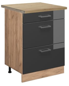 Vicco Küchenunterschrank R-Line, Anthrazit Hochglanz, 60 cm mit Schubladen, AP Eiche, zur freien Kombination innerhalb modularer Küchensysteme