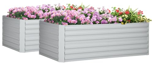 Outsunny Set of 2 Raised Beds for Garden, Galvanised Steel Outdoor Planters with Multi-reinforced Rods for Vegetables, Plants, Flowers and Herbs, 180 x 90 x 59 cm, Light Grey