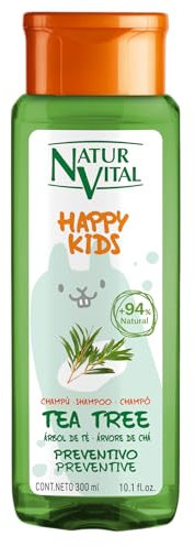 NaturVital - Champú Happy Kids Tea Tree Infantil, para Niños y Niñas, con Extracto de Tea Tree de Cultivo Bio Certificado, Natural e Hipoalergénico, sin Parabenos, Colorantes ni Siliconas, 300ml