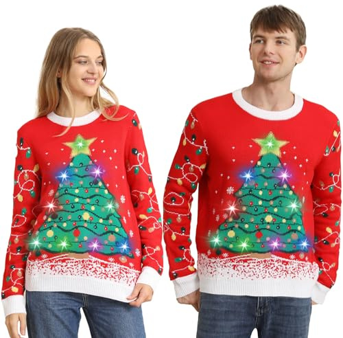 Maglioni Natalizi Famiglia con Luci, Maglione Natalizio Uomo LED, Maglioncino di Natale Unisex Brutti, Ugly Christmas Sweater Maniche Lunghe, Maglione Natale Simpatico per Coppia/Bimba/Bimbo