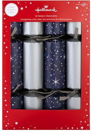 Hallmark Christmas Crackers, Silver & Blue Starry Sky, 12-Pack, 2 Designs | Includes Snakes & Ladders, Silver & Blue, Recyclable, Plastic Free, 30x5cm, 2 Styles
