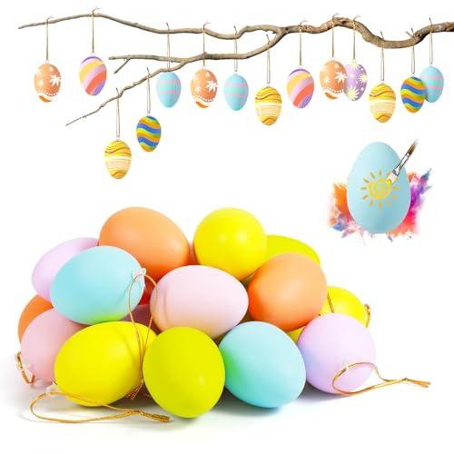 Ostereier zum Aufhängen, 24 Stück Kunststoff Ostereier Plastik in Schönen Pastellfarben mit Schnur,Ostern Deko für Ostern Draußen& Frühlingsdeko, Hängedeko für Outdoor und Indoor - Größe: 6 cm