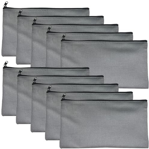 YOYEAH 10 Stück Stoffbeutel mit Reißverschluss (Grau, 21x12cm) - Klein Stofftasche Ideal für Make-up, Mäppchen, Aufbewahrung & DIY Bemalen