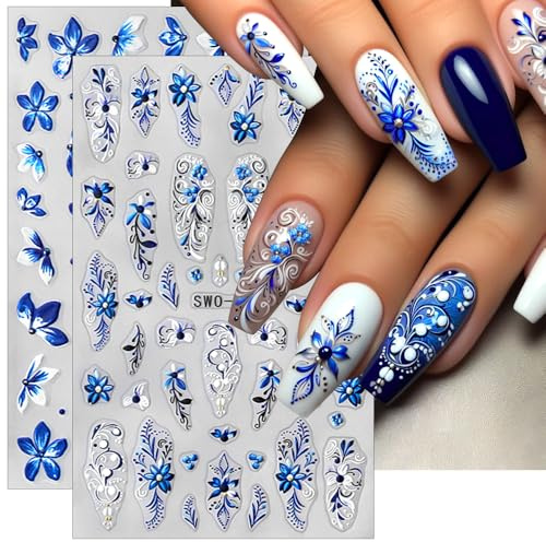 Blau Weiß Blütenblätter Nagelsticker Blumen Relief Schieber Blume Nagelaufkleber Frühling Sommer Flower Nail Sticker Flowers Orchideen Lilie Nagel Sticker Blumen Nageldesign Nagel Zubehör Nail Art