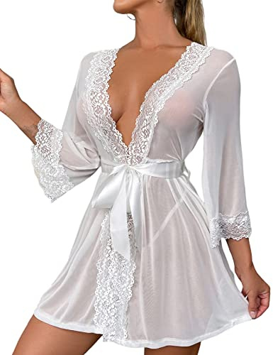 Tuopuda Nattlinne dam babydoll med G-stringtrosor sensuell spets nattlinne V-ringad nattkläder transparent pyjamas badrockar nattkläder babydoll