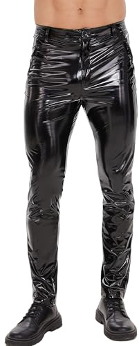 Ausing Latex byxor herr långa konstläderbyxor casual stretch slim fit byxor läder bikerbyxor med fickor wetlook kostym rave party disco kläder klubbkläder, Svart latex, 3XL