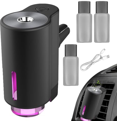 Ambientador difusor de coche, para coche con 3 botellas (30 ml) de perfumes, recargable, 2 niveles de ambientador ajustable Atomizador Ultrasónico para Interior de Automóvil