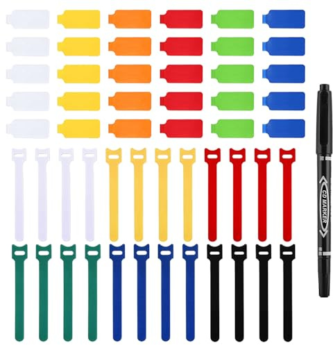 60 Pack Cable Labels & Cord Organizer Kit – Color-Coded Write-On Wire Labels with Marker + 30 Ties for Home Office Electronics Cord Management