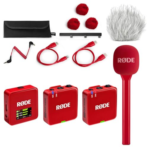 Rode Wireless GO Gen 3 Drahtloses 2-Kanal Mikrofon-Funksystem Rot mit Interview GO Handadapter Rot und keepdrum Fell-Windschutz