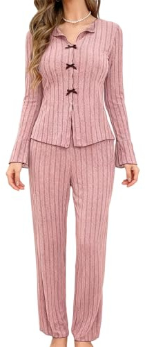 LXEASYGO Women's Long-Sleeve Pajama Set Soft Two Piece Pjs V Neck Button up Top and Comfy Pants Sleepwear Loungewear for Women (UK, Alpha, S, Regular, Regular, Pink)