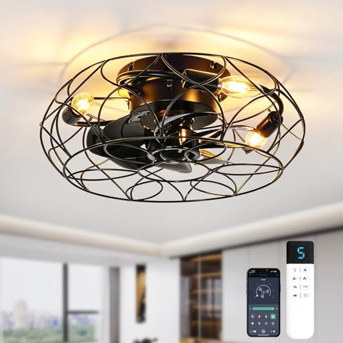 XSXUDODP Ventilatore da Soffitto Industriale con Luci e Telecomando, Gabbia in Vintage Ventilatore da Soffitto con Luce 40cm per Camera da Letto Soggiorno, Lampadina E27, Nero