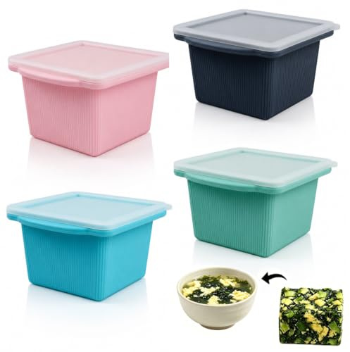 Souper Cubes Cubitera Silicona con Tapa para Hielo y Sopas, Moldes de Silicona Ultraresistentes, 4 Unidades Cubiteras para Hielo de 500ml para Congelar Caldos, Salsas y Más