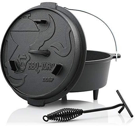 BBQ-Toro Dutch Oven Premium Serie | 7,3 Liter (DO6P), Topf mit Füße | bereits eingebrannt - preseasoned | Verschiedene Größen | Gusseisen Kochtopf | Bräter mit Deckelheber