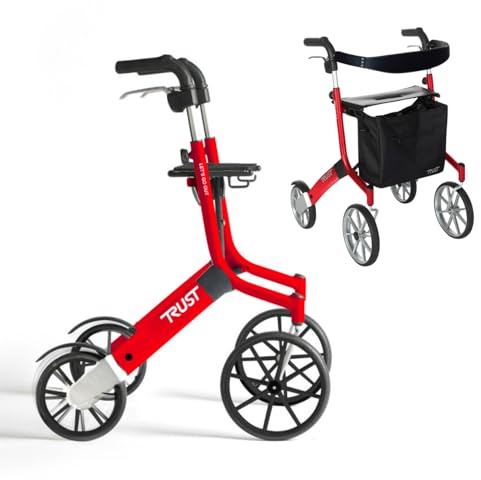 Trust Care Let's Go Out - Déambulateur 4 roues Pliable Leger, Déambulateur à roues, Freins à main, Sac inclus, Rollator Rouge, By Mobio