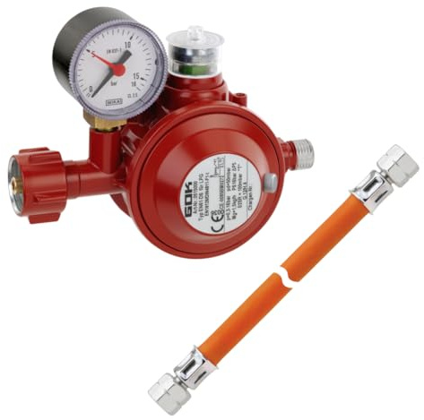 GOK Druckminderer Set, Gasregler 50 mbar mit Manometer und optischer Anzeige, Gasschlauch 1 m G 1/4'' Linksgewinde, EN 16129/DIN 4811, für Innenräume zugelassen, winterfest