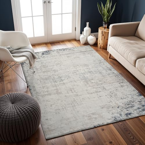 Livabliss Utrecht Wohnzimmer modern – Abstrakt Design in Marmor Optik für Wohnzimmer 200x275 cm, Esszimmer, Schlafzimmer - Marmor e groß, weicher Kurzflor in Elfenbein, Grau, Blau