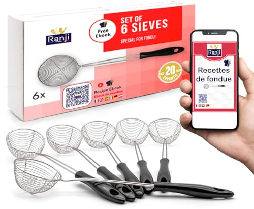 Ranji - Lot de 6 Passoires en Acier Inoxydable - Épuisettes pour Fondue, Écumoire Friture, Cuillère Bubble Tea, Petite Passoire - Idéal pour Fondue Chinoise, Chocolat, Savoyarde et Repas Festifs