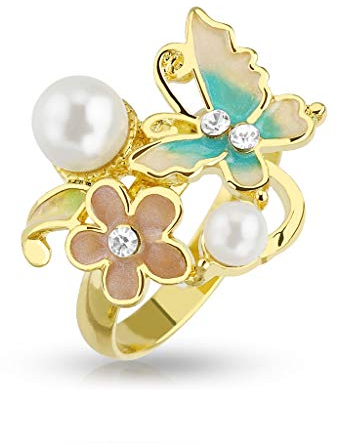 Paula & Fritz® Ring Damen Verstellbar Blumen Gold 316L Chirurgenstahl Zehenring Mittelring Partnerring Freundschaftsring Offen Einstellbarer-Ring