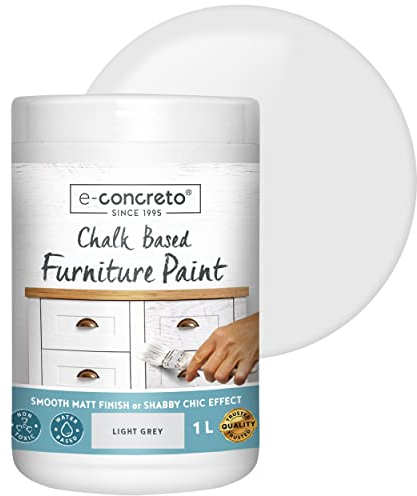 e-concreto Vernice a gesso per mobili, 1 l, finitura liscia al tatto, shabby chic o opaca, vernice a gesso + agitatore (grigio chiaro)