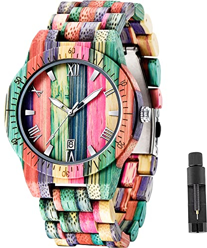 Tiong Herren Holzuhr Bunte Bambus Handgemachte Holzuhren Analoge Quarzuhr für Männer Verstellbar Holz Leichte Armbanduhr