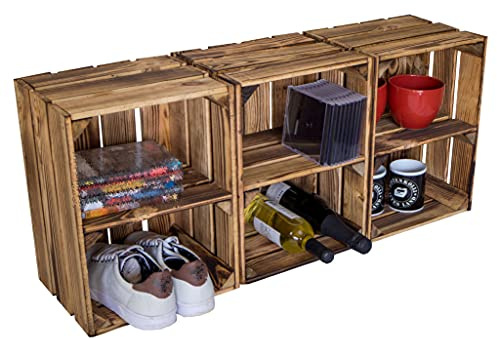 Holzkiste Bella geflammt40 x 30 x 25cm Weinablage Weinaufbewahrung Kindeschuhregal Bücherregal Ablageregal Möbel-Kiste | Wein-Kiste | Obst-Kiste | Apfel-Kiste (3er set, Bella mit kurzem Brett)