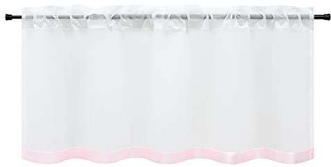 HeichkelL Scheibengardine, Kurzstores mit Satinband, Rosa BxH 120x45 cm | Voile Bistrogardine, Kurzstores Tunnelzug, Gardinen Küche, Vorhang aufgenähte Seidenband als Bordüre