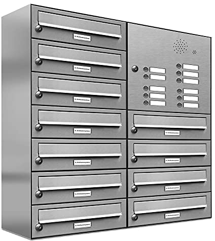 AL Briefkastensysteme 11er Briefkastenanlage mit Klingel in Edelstahl und Aluminiumgrau RAL 9007 11 Fach DIN A4 wetterfest Premium Briefkastenanlage