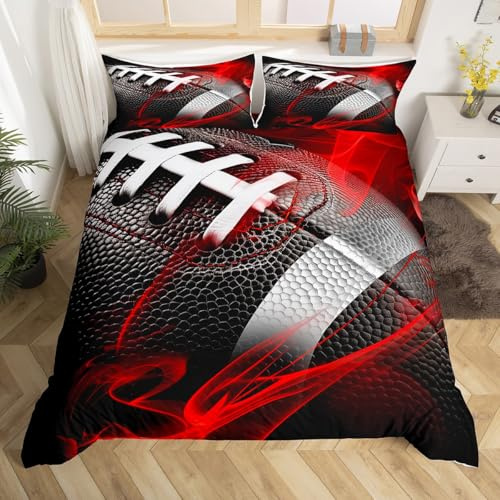 Manfei Football Themed Duvet Cover Set Queen Size, Black Rugby Sports Bedding Set 3pcs, Kids Boys Teens Room Decor, Football Gaming Quilt Cover with Zipper Closure, 2 Pillowcases, No Comforter