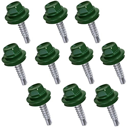 AERZETIX - C57179 - Lot de 10 Vis autoperceuse Ø4.8x25 mm + rondelle d'étanchéité EPDM - peint en couleur vert mousse RAL 6005 - empreinte de la tête 8 mm hexagonale - en acier